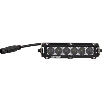 The Light Bar Hood Scoop 6" x 4" by Heretic features a rectangular CNC aluminum black housing, six CREE LED bulbs, visible corner screws, and an attached power cable with a connector plug.