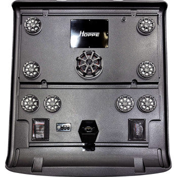 The CF Moto U Force 1000 XL Audio Shade by Hoppe Industries features eight waterproof speakers, one subwoofer, two amplifiers, control buttons, and a central Hoppe logo on a textured fiberglass composite panel.