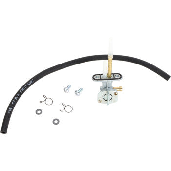 The Yamaha Petcock Fuel Kit by All Balls features a black rubber fuel line, two screws, two washers, and two retaining clips—perfect for OE replacement.
