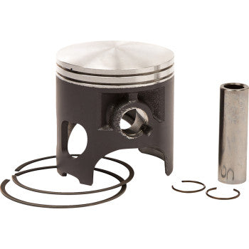 The Yamaha Blaster YFS200 Piston Kit 65.95 mm by Vertex includes a gravity-cast aluminum piston, piston rings, wrist pin, and two small circlips, all arranged on a plain white background.