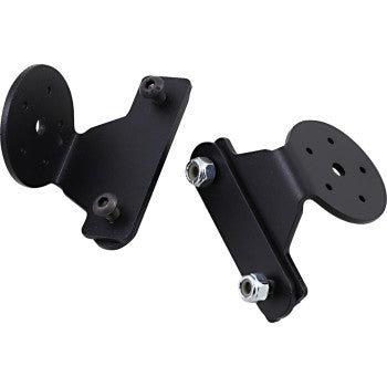 The Sound Bar Cage Mount by Navatlas features two black metal brackets with circular and angled flat surfaces, designed with multiple holes and bolts for secure soundbar attachment.