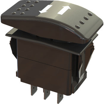 The Actuator Dash Rocker Switch by Kfi Products is a black double pole switch rated 20A 12VDC, featuring two white arrows in opposite directions on top and three metal prongs at the bottom for connections.