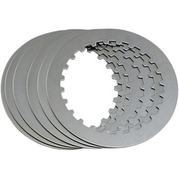 Five steel Clutch Plate Kit plates by Hinson Racing, featuring notched inner edges, are arranged in a slightly fanned-out stack on a white background.