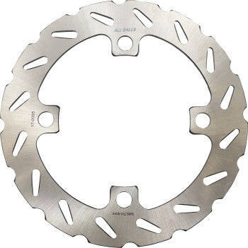 A close-up of the Polaris Brake Rotor by All Balls, a stainless steel disc with a wavy edge, multiple cutout slots, and four center mounting holes designed for improved cooling efficiency.