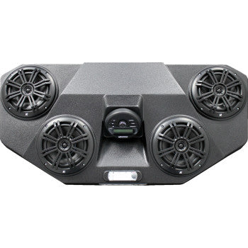 The Can Am Audio Mini by Hoppe Industries is a black panel with four round Kicker speakers, a central digital display or marine receiver, Bluetooth connectivity, and a small rectangular light at the bottom.