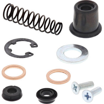 The All Balls Brake Master Cylinder Rebuild Kit Front includes black springs, washers, EPDM rubber seals, metal screws, and rings—arranged on a white background—perfect for use as a master cylinder repair or seal kit.