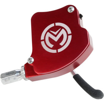 The ATV Thumb Throttle Red by Moose Offroad features a silver logo on top, a billet aluminum adjustment knob, a black foam-covered lever, and two visible screws on its metal casing. The device is constructed from durable metal.