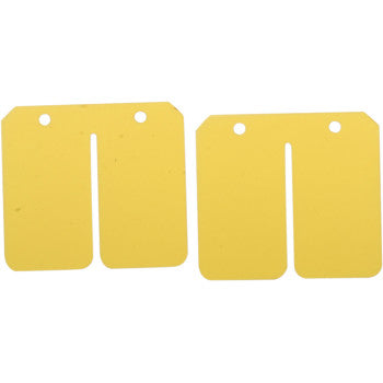 Two yellow, rectangular tags with rounded corners and dual holes on top—perfect for identifying Yamaha Super Stock Reed Set Fiber by Boyesen or other carbon reeds that meet OEM specs.