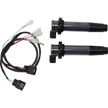 The Dynojet Kawasaki KRX Stick Ignition Coil, shown with a wiring harness featuring colored wires and connectors on a white background, delivers increased spark energy for enhanced performance.