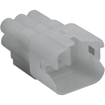 The HM Series Connector 6 Position Male by Namz is a white plastic electrical connector with multiple pin slots, ideal for custom applications. The image shows its rectangular open end from an angled view.