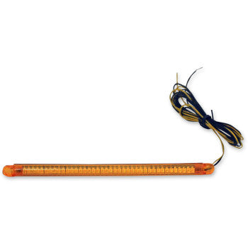 The Flexible LED Strips 40 LEDs Amber Amber by Custom Dynamics is a long, slim light bar with a clear cover, orange end caps, black/blue/yellow wires, and flexible LED construction for custom amber lighting.