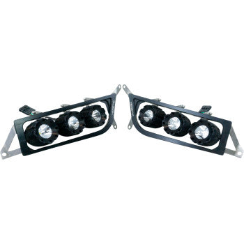 Pair of rectangular black Polaris offroad vehicle headlights with three round LED lights each in metal mounting brackets.