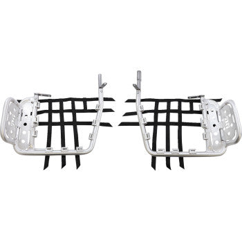 Pair of silver metal Honda heel guard nerf bars with black webbing straps for offroad UTV scrub protection.