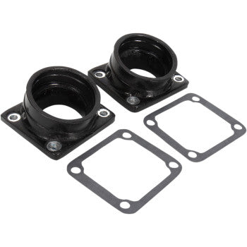 Two Yamaha Intake Manifolds 44 mm by Moose Offroad, made of black metal with round openings, are shown with two rectangular gaskets featuring four mounting holes—all displayed on a white background.
