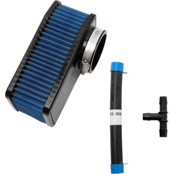The Air Cleaner Kit by S&S Cycle includes a rectangular blue washable cotton gauze filter with black frame and clamp, a black hose with blue-capped ends, and a T-shaped plastic connector, all shown on a white background.
