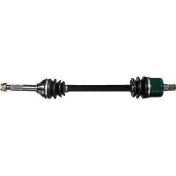 Black metal CV axle shaft with rubber boots and green metallic housing on one end for offroad vehicle replacement.