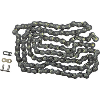 Black and silver metal motorcycle chain with 120 links and included connecting links and pins.