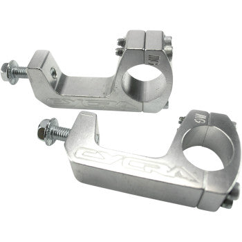 The Probend™ Handlebar Mount Magura by Moose Offroad includes two silver billet aluminum CNC-machined mounts with bolts, each featuring a circular clamp and engraved text for secure handlebar accessory attachment.