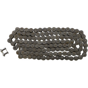 The 420 HDR Heavy Duty Drive Chain Steel 124 Links by JT Chains features interconnected steel links and a side master link, forming a flexible loop ideal for efficient power transfer in bikes, superbikes, or machinery.