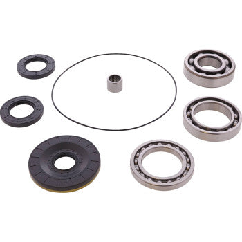 The Can Am Defender Differential Bearing Seal Kit Rear by Moose Offroad includes EMQ quality bearings, rubber seals, a circular gasket, and needle bearing, all displayed on a white background.