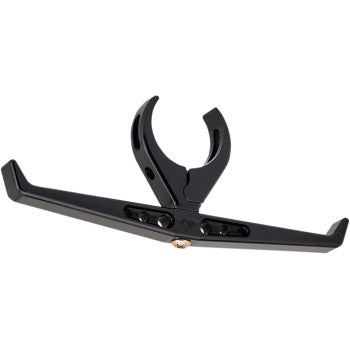 The Hanger Claw Clamp Dual Black by Joker Machine is a black metal fishing rod holder with a CNC machined roll cage clamp and two angled arms, designed to securely hold your fishing rod in place.