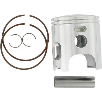 Silver cylindrical aluminum piston with cutouts, two thin black piston rings, two small circular clips, and a silver metal.