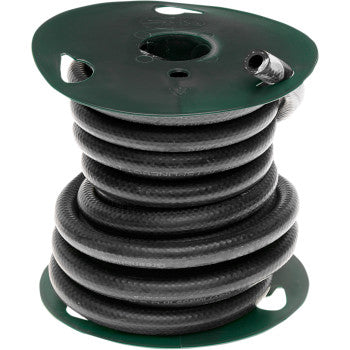 A 2 spool of Gates Low Permeation Fuel Line (3/16), abrasion-resistant and black, is neatly wound on a green reel with holes, featuring a visible connector and Greenshield barrier technology.