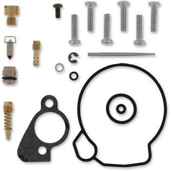 The Polaris Carburetor Repair Kit by Moose Offroad features screws, gaskets, O-rings, jets, a float valve needle, springs, and other small metal parts neatly arranged on a white background.