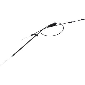 The Polaris Black Vinyl Throttle Cable by Moose Offroad features a steel inner casing, metal ends, and a pre-lubricated nylon sleeve for smooth engine speed control. Shown on a white background.