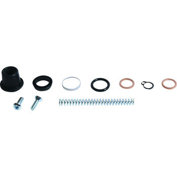 The All Balls Brake Master Cylinder Rebuild Kit Front includes screws, a spring, copper washers, seals, and EPDM rubber rings, all neatly aligned on a white background.