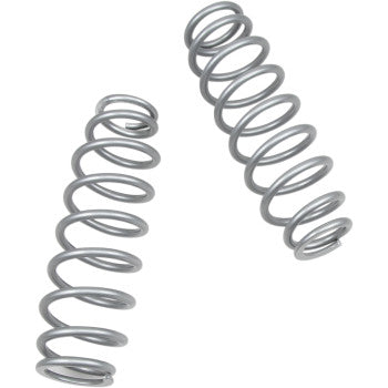 Two Shock Springs Front & Rear Silver by High Lifter, slightly curved and set at different angles on a white background, are designed for high weight capacity and reduced fatigue.