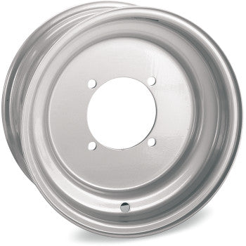 A close-up of the Steel Wheel Front Chrome 10x5 4/110 3+2 by Ams highlights its durable construction and sleek chrome design, exemplifying the quality found in top-tier steel wheels.