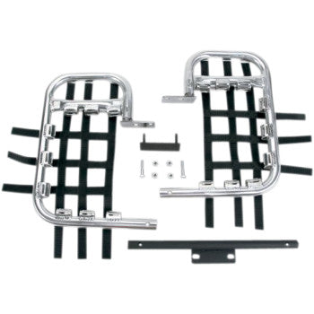 Black nylon strap nerf bars with polished silver metal frames and mounting hardware for Honda TRX ATV.