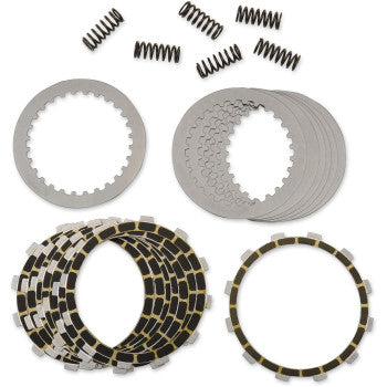 The Clutch Kit by Barnett includes metal clutch plates, friction plates, and several small coil springs, all neatly arranged on a white background.