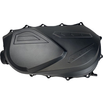 Matte black Can Am clutch cover outer with angular embossed design and bolt holes around edge.