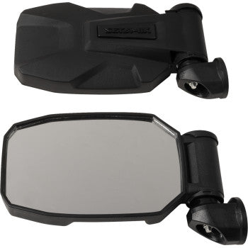 Pair of black rectangular side view mirrors with adjustable hinges and sleek angular backing.