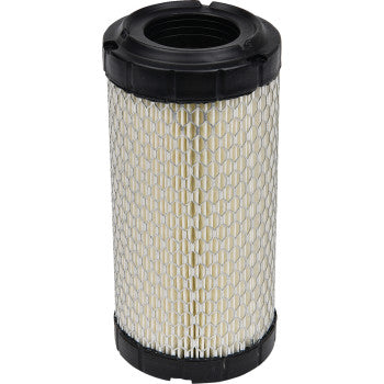 Cylindrical air filter with white pleated paper and black plastic end caps for Polaris vehicles.