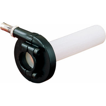The Twist Throttle Assembly by Parts Unlimited is a universal bolt-on throttle with a twist grip, black housing, white plastic grip, and cable—designed for 7/8 motorcycle handlebars.
