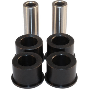 The A-Arm Repair Kit Front Upper Lower by Epi includes four black cylindrical bushings in front and two silver metal sleeves standing vertically behind them, all arranged on a white background.