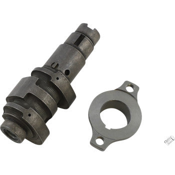 The Honda Camshaft Single Cam Stage 2 by Hot Cams is shown next to a circular flange with dual mounting holes on a white background—perfect for those seeking drop-in camshaft power gains.