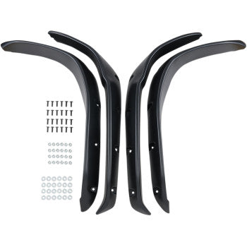 Four Yamaha Fender Flares Textured Black by Maier, made from vacuum-formed polypropylene, are arranged symmetrically with screws, nuts, and washers for easy mounting neatly displayed in rows below them on a white background.