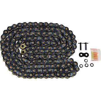 The 525 Max Z Drive Chain 150 Links Black & Gold by RK is shown with a master link, two pins, four O-rings, and lubricant—designed for high-horsepower street bikes needing superior tensile strength.