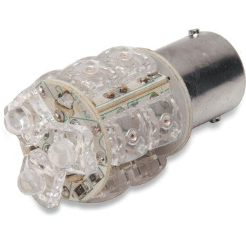 Close-up of the Brite-Lites LED 360 Replacement Bulb 1157 Red, featuring a clear design with a metal base and multiple LEDs arranged for full 360° illumination.