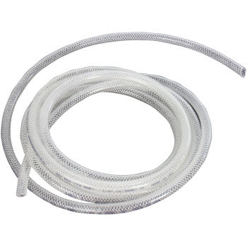 The Helix High Pressure Fuel Line Clear 1/4" 10' is a coiled, transparent braided polyurethane tube with a straight section, highly abrasion-resistant, ideal for fluid transfer or water piping in industrial and household settings.