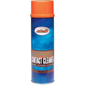 A 500ml aerosol can of Twin Air Contact Cleaner with an orange cap and blue label, designed for cleaning foam air filters and plastic surfaces; fast drying and safe for plastic.