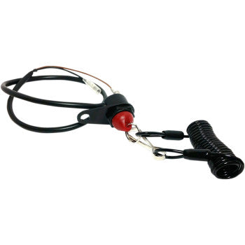 The Universal Tether Kill Switch Magnet Type Electric Start by K&S Technologies is a black coiled lanyard with a red button, magnetic switch, and metal clips, used as an engine safety device for boats or jet skis.