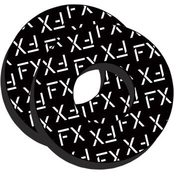 The Grip Donuts FX Stencil by Factory Effex features overlapping black wheels with a repeating white JFX logo for added grip, style, comfort, and control on every ride.