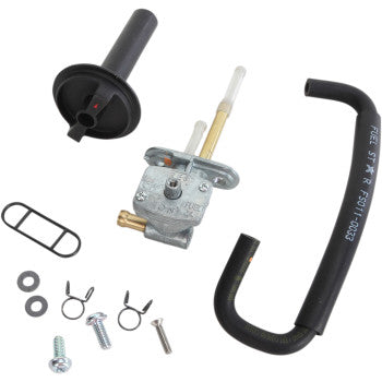The Yamaha Petcock Fuel Kit by All Balls includes a fuel valve, hose, rubber gasket, washers, clips, and screws, all shown on a white background.