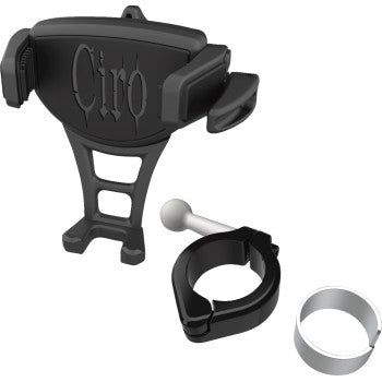 The Phone Holder Constrictor Black 1-1/8 1-1/4 Handlebar Mount by Ciro offers a secure grip with a clamp arm, spherical joint, and two circular pieces for easy attachment to handlebars or similar surfaces.