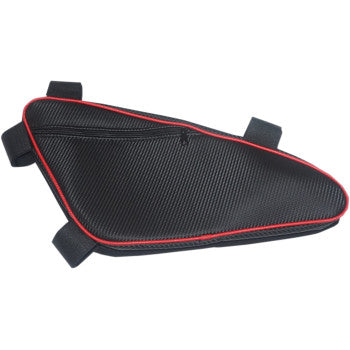 The Cage Storage Bag by Bs Sand is a black, triangular zippered bike bag with a textured surface, red trim, a zipper pocket, and three black Velcro straps for secure attachment.